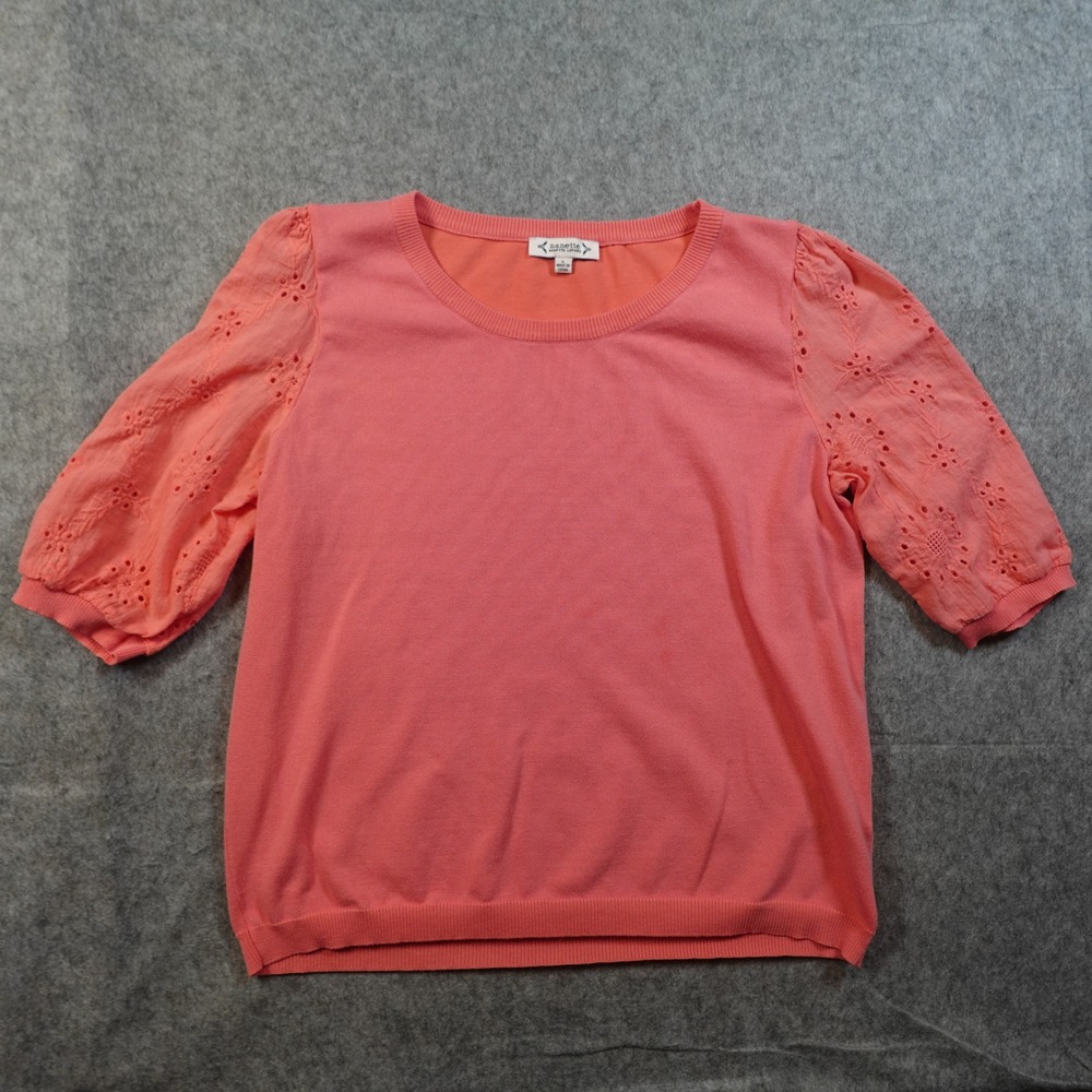 Nanette Lepore Top Womens Large Pink Half Sleeve Knit Crew Neck Eyelet